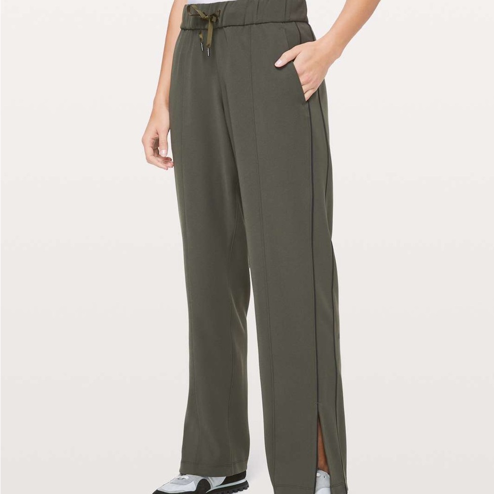 Lululemon On the Right Track Pant Dark Olive Green Black Stripe Slit Sides